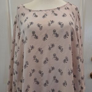 Bicycle Top Blouse 2X Boho Preppy Nautical Pink Novelty Fall Winter Career